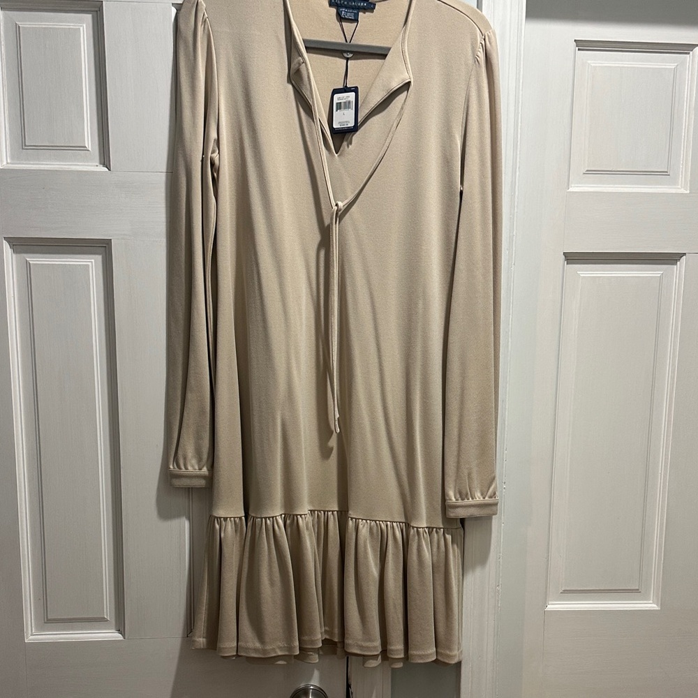 Ralph Lauren Soft Cream Long-Sleeve Tie-Front Ruffle Dress